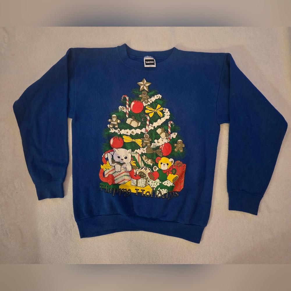 Vintage Blue Christmas Tree Cat Bear Sweatshirt Size Large Festive USA Kitsch